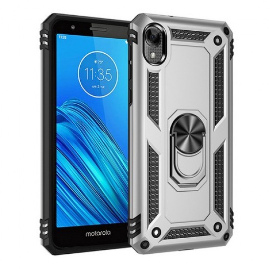 Heavy Duty Ring Stand Cases with Retail Package - Silver - for Moto E6