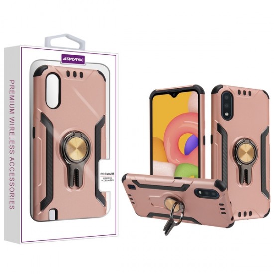 Asmyna Hybrid Protector with Ring Stand for Galaxy A01 - Rose Gold/Black