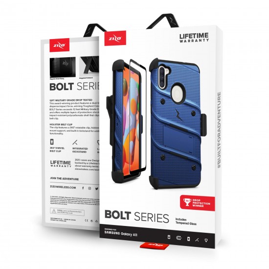 ZIZO BOLT SERIES FOR SAMSUNG GALAXY A11 WITH TEMPERED GLASS - BLUE & BLACK