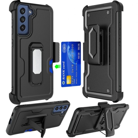 Samsung Galaxy S21 FE CARD Holster with Kickstand Clip Hybrid Case Cover - Black Samsung Galaxy S21 FE CARD Holster with Kickstand Clip Hybrid Case Cover - Black