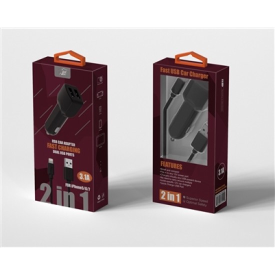 2 IN 1 FAST CAR CHARGER FOR IPHONE 5/6/7/XS BLACK  