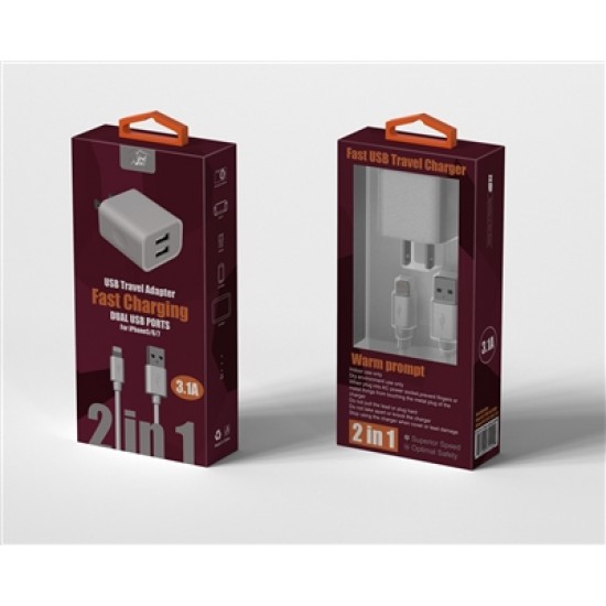 2 IN 1 FAST HOME  CHARGER FOR IPHONE 5/6/7/XS WHITE           