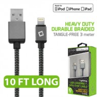 CELLET LIGHTNING 8 PIN (APPLE MFI CERTIFIED) 10FT. (3M) HEAVY DUTY NYLON BRAIDED USB CHARGING PLUS DATA SYNC CABLE - BLACK  